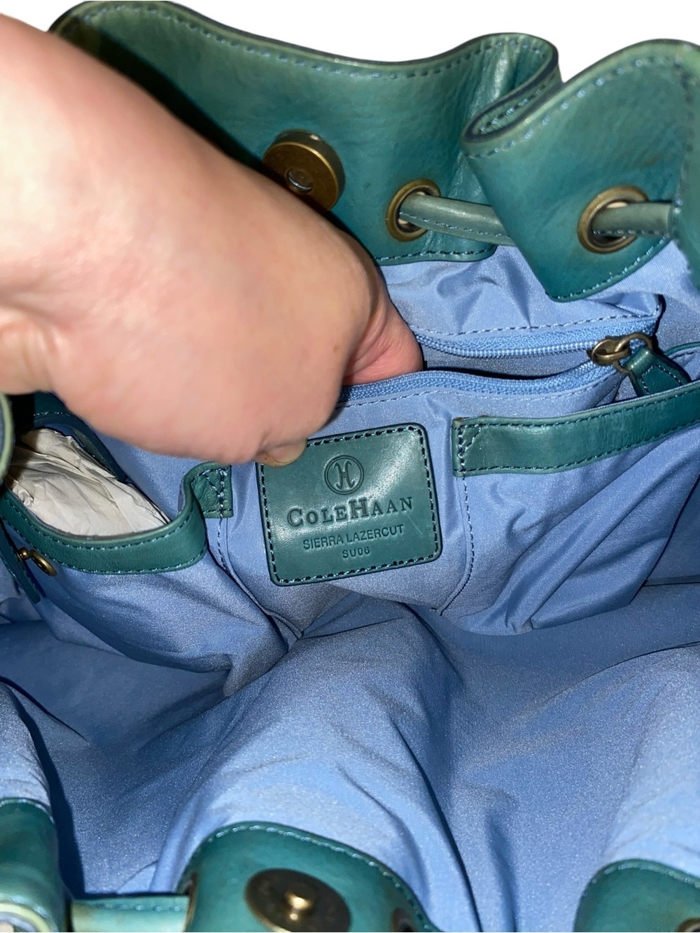 Y2K Vintage Cole Haan Teal Leather Drawstring brass studded Hobo Bag Boho fairy - Picture 9 of 13